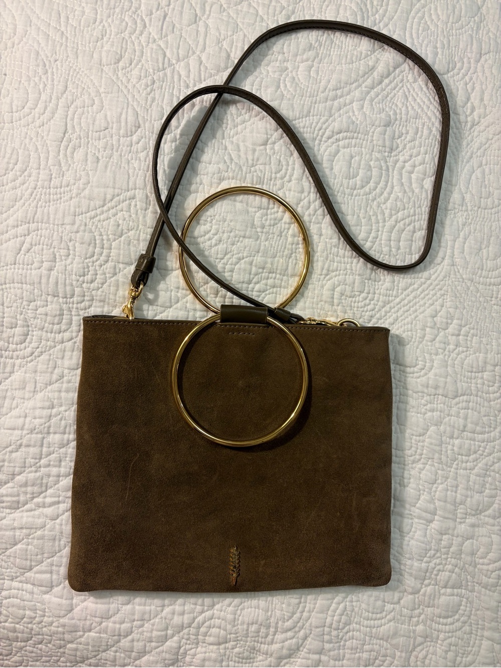 Thacher Brown Suede Crossbody Bag with Gold Ring Handle